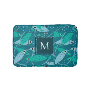 Tapis De Bain Monogramme Motif de poissons de natation moderne