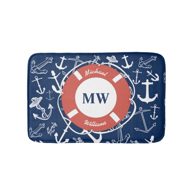 Tapis De Bain Monogramme nautique Ancre bleu marine Motif (Devant)
