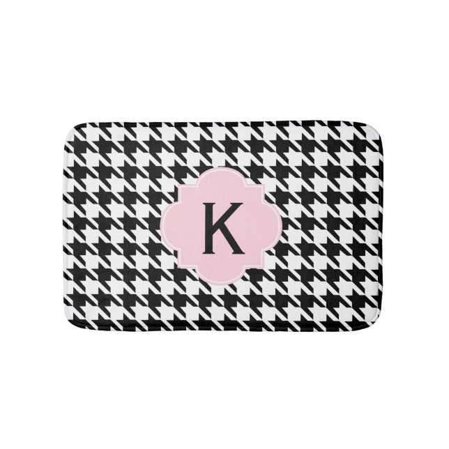 Tapis De Bain Monogramme Noir, Blanc et Pastel Rose Houndstooth (Devant)