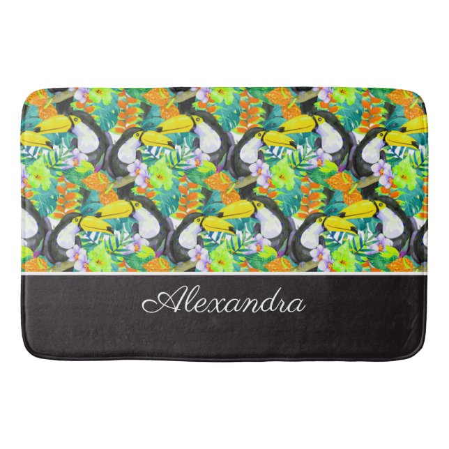 Tapis De Bain Monogramme noir et blanc Toucan Fleur tropicale (Devant)