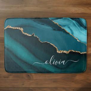 Tapis De Bain Monogramme Or en Géode d'Agate Bleu Vert Aqua