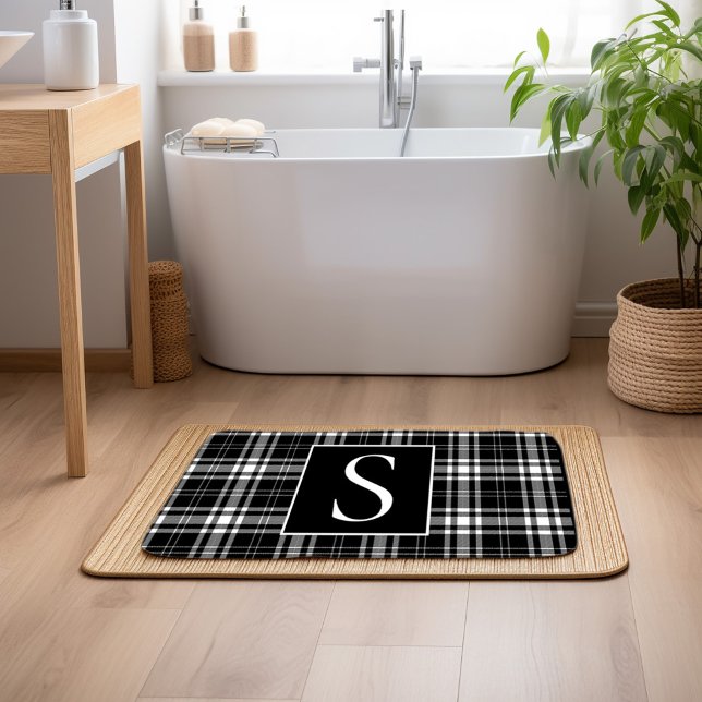 Tapis De Bain Monogramme personnalisé Buffle noir blanc plaqué (Black and white checkered monogram bathmat)
