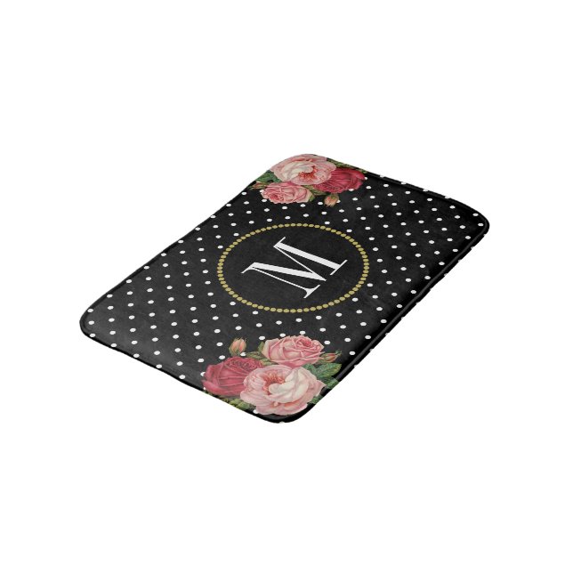 Tapis De Bain Monogramme Pois moderne noir antique (Angle)