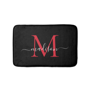 Tapis De Bain Monogramme rouge de Bourgogne noire moderne Élégan