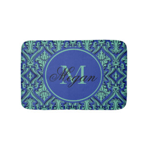 Tapis De Bain Monogramme Turquoise bleu Damas Style Embossé