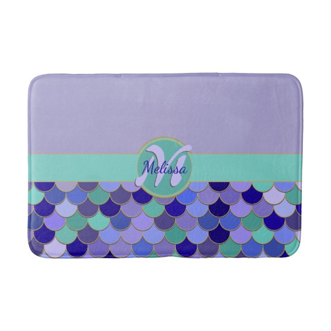 Tapis De Bain Monogramme Turquoise de sirène pourpre et aqua + n (Devant)
