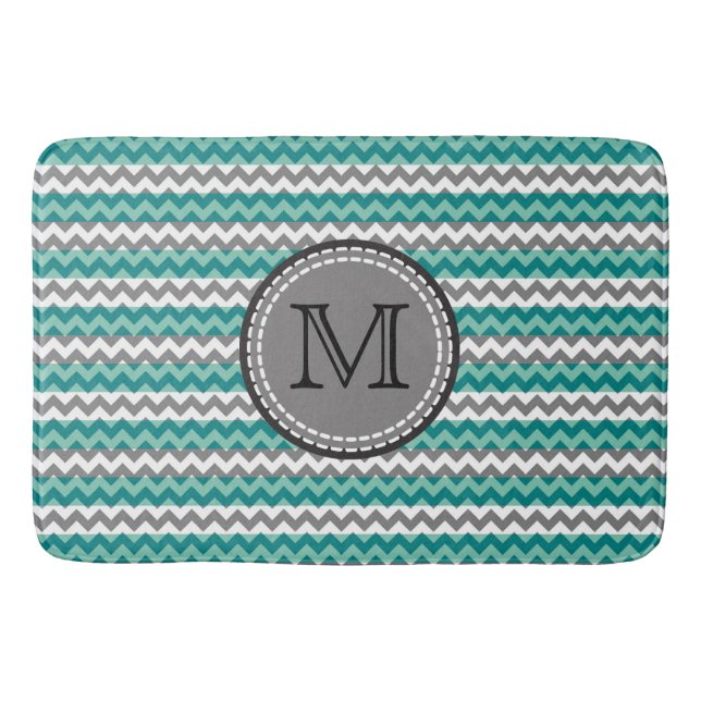 Tapis De Bain Monogramme Turquoise et Grey Chevron Zigzag (Devant)