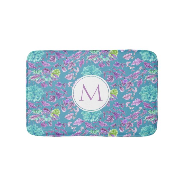 Tapis De Bain Monogramme Turquoise Purple Floral  (Devant)