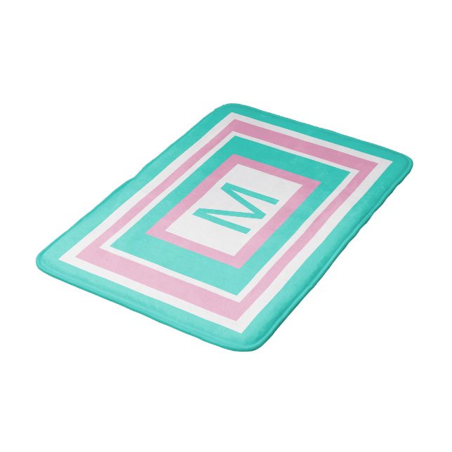 Tapis De Bain Monogramme Turquoise rose blanc Géométrique (Angle)