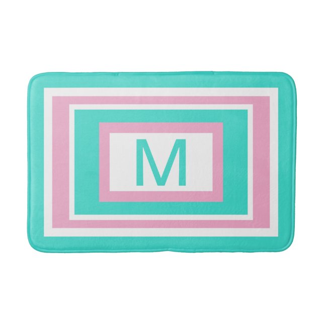 Tapis De Bain Monogramme Turquoise rose blanc Géométrique (Devant)