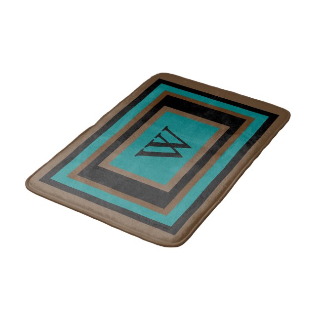 Tapis De Bain Monogramme Turquoise vert noir Brown géométrique (Angle)