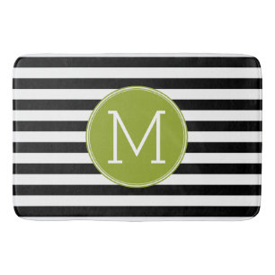 Tapis De Bain Monogramme vert Motif à rayures noir et blanc
