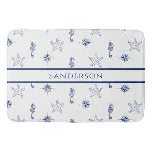 Tapis De Bain Monographie nautique Seahorse Starfish Marine Blue