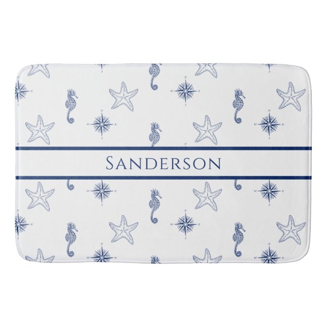Tapis De Bain Monographie nautique Seahorse Starfish Marine Blue (Devant)