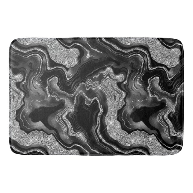 Tapis De Bain Motif agate pailleté noir et argent élégant (Devant)