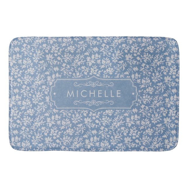 Tapis De Bain Motif Bohème Floral Bleu Pâle et Gris Blanc (Devant)
