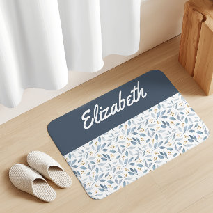 Tapis De Bain Motif botanique aquarelle bleue avec nom personnal
