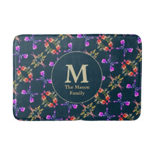 Tapis De Bain Motif Coeur Rose Monogramme sur bleu foncé