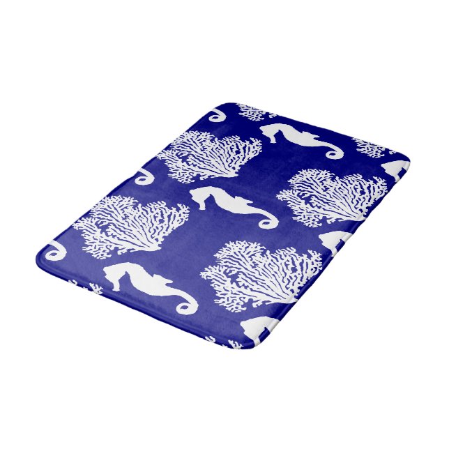 Tapis De Bain Motif côtier de marine et d'hippocampe blanc (Angle)