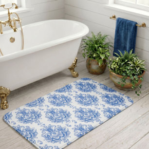Tapis De Bain Motif damassé méditerranéen bleu élégant blanc