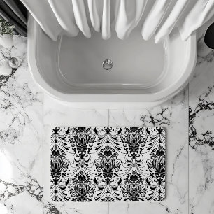 Tapis De Bain Motif damassé ornemental vintage blanc et noir