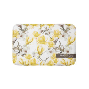 Tapis De Bain Motif d'aquarelle jaune et blanc Magnolia Blossom