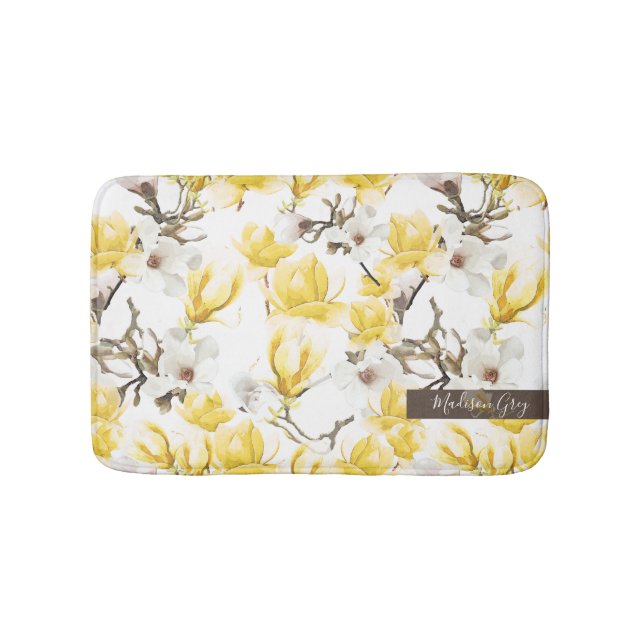 Tapis De Bain Motif d'aquarelle jaune et blanc Magnolia Blossom (Devant)