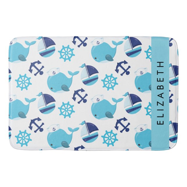Tapis De Bain Motif De Baleines, Baleines Bleues, Votre Nom (Devant)