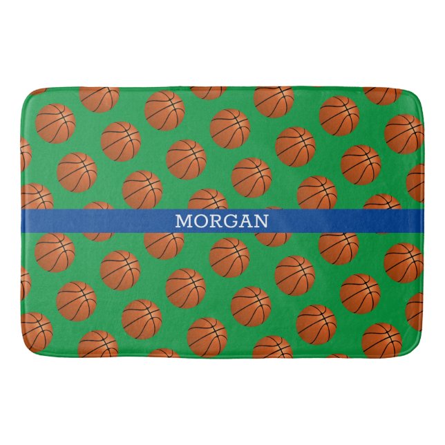 Tapis De Bain Motif de basket, Nom blanc, Bleu & Vert (Devant)
