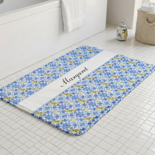 Tapis De Bain Motif de carreaux bleus Azulejo citron personnalis