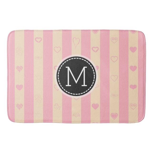 Tapis De Bain Motif de coeur moderne Monogram Pink Stripes (Devant)