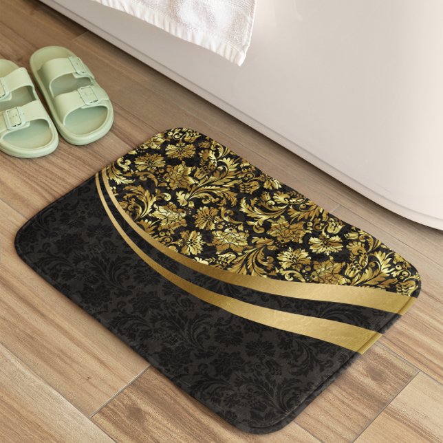 Tapis De Bain Motif de Damas Floral Noir Et Or (Créateur téléchargé)