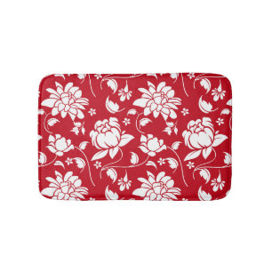 Tapis De Bain Motif de Damas Florales rouges et blanches