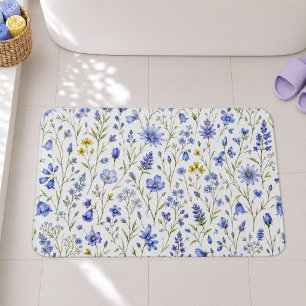 Tapis De Bain Motif de fleur sauvage à l'aquarelle bleu jaune ve