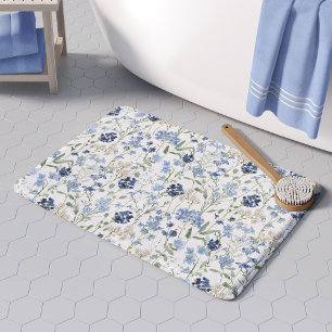 Tapis De Bain Motif de fleur sauvage à l'aquarelle bleue