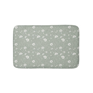 Tapis De Bain Motif de Fleur Sauvage Vert Sauge et Blanc Atténué