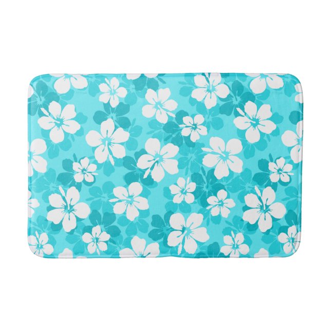 Tapis De Bain Motif de fleurs tropicales bleu et blanc Hibiscus (Devant)