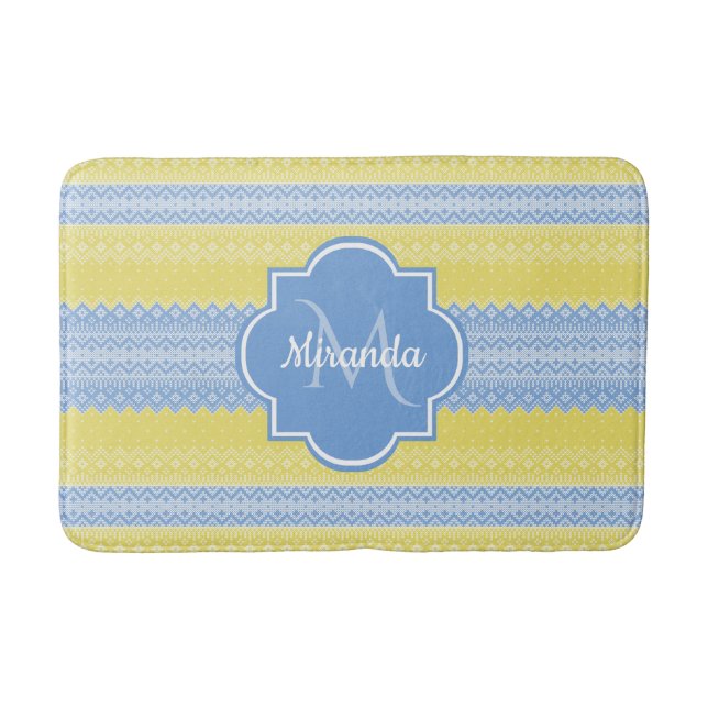 Tapis De Bain Motif de Knit jaune et bleu clair avec monogramme (Devant)