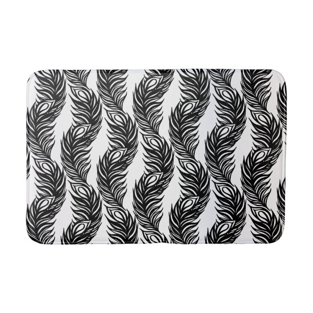 Tapis De Bain Motif de plumes Peacock abstrait noir et blanc (Devant)