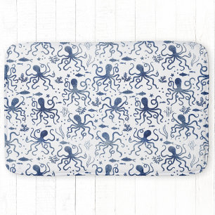Tapis De Bain Motif de poulpe sous-marin à l'aquarelle bleue côt