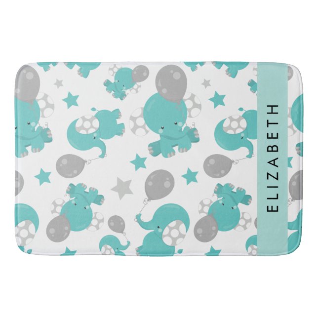 Tapis De Bain Motif Des Eléphants Bleus, Étoiles, Votre Nom (Devant)