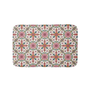Tapis De Bain Motif floral boho en rouge, rose et sarcelle