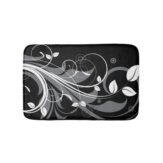 Tapis De Bain Motif floral gris sur le noir (Devant)