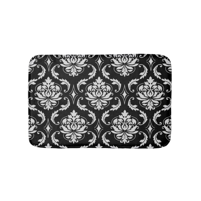 Tapis De Bain Motif floral noir et blanc classique de damassé (Devant)
