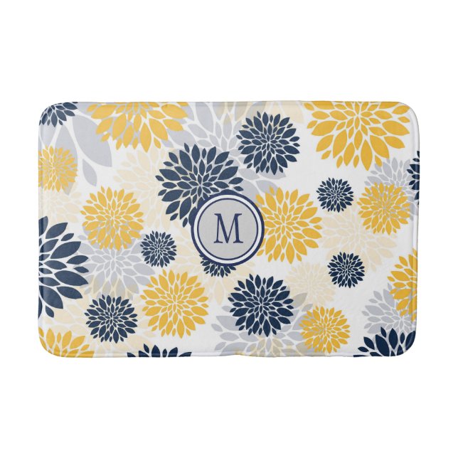 Tapis De Bain Motif graphique de fleurs d'or bleu marine (Devant)