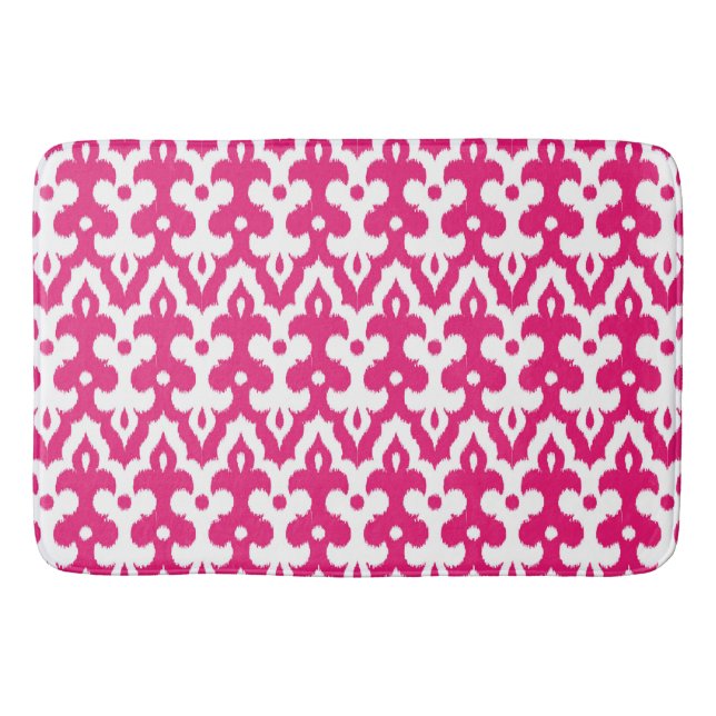 Tapis De Bain Motif Ikat Damask Marocain, Fuchsia Rose & Blanc (Devant)