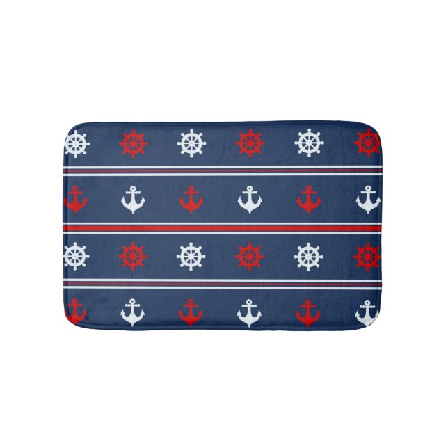 Tapis De Bain Motif nautique blanc et bleu rouge (Devant)