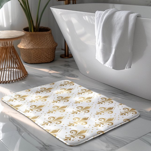Tapis De Bain Motif sans soudure à fleur de lis or sur blanc (Créateur téléchargé)