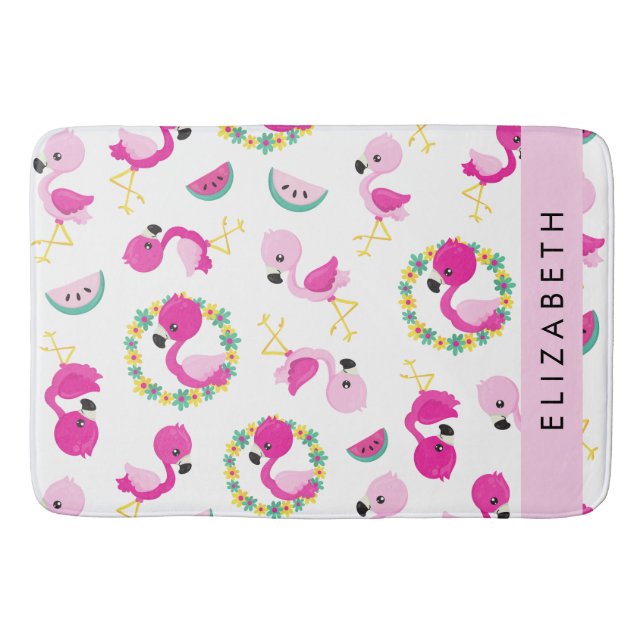 Tapis De Bain Motif tropical, Flamants roses, Fleurs, Votre Nom (Devant)