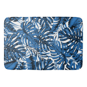 Tapis De Bain Moyen Denim Blue Tropical Palm Feuille Island